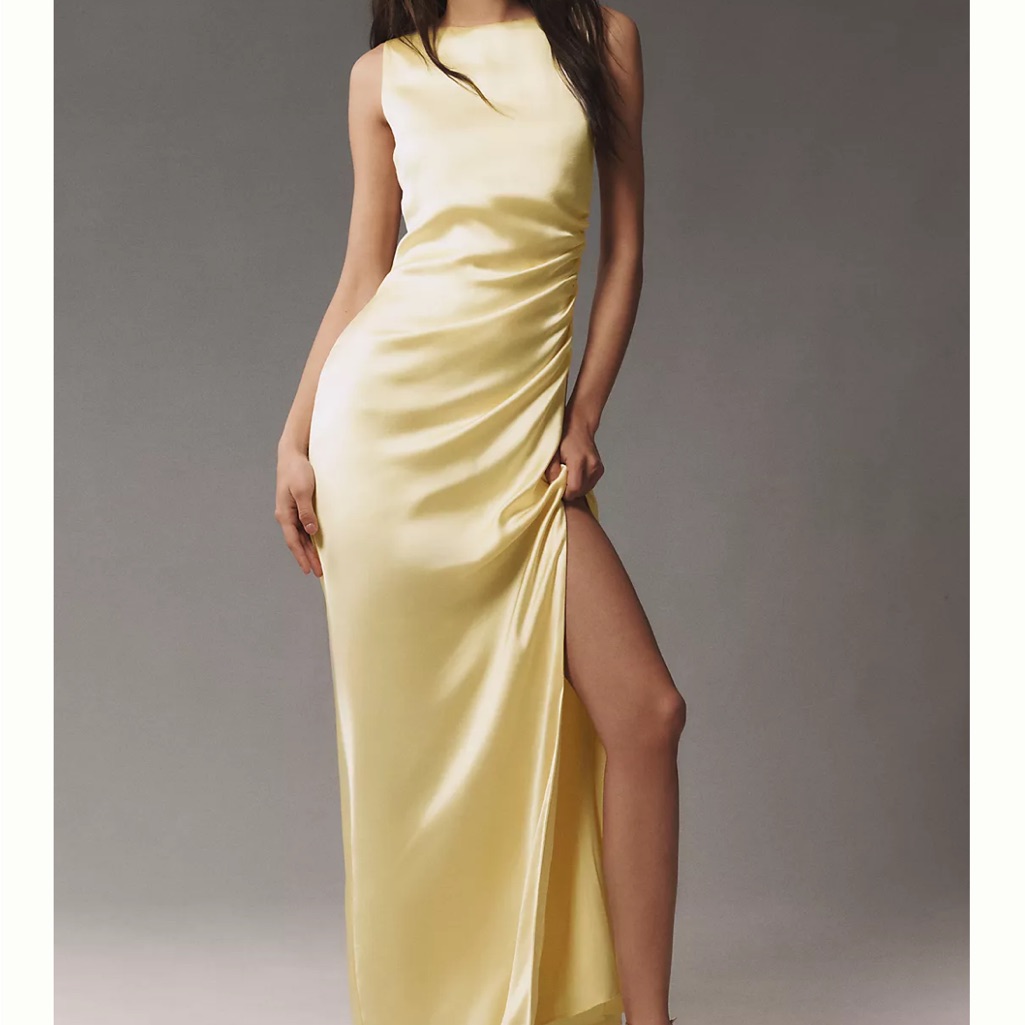 Vguc Anthropologie Bhldn Emma High Neck Satin Maxi Gown. Size Xs. Butter Yellow